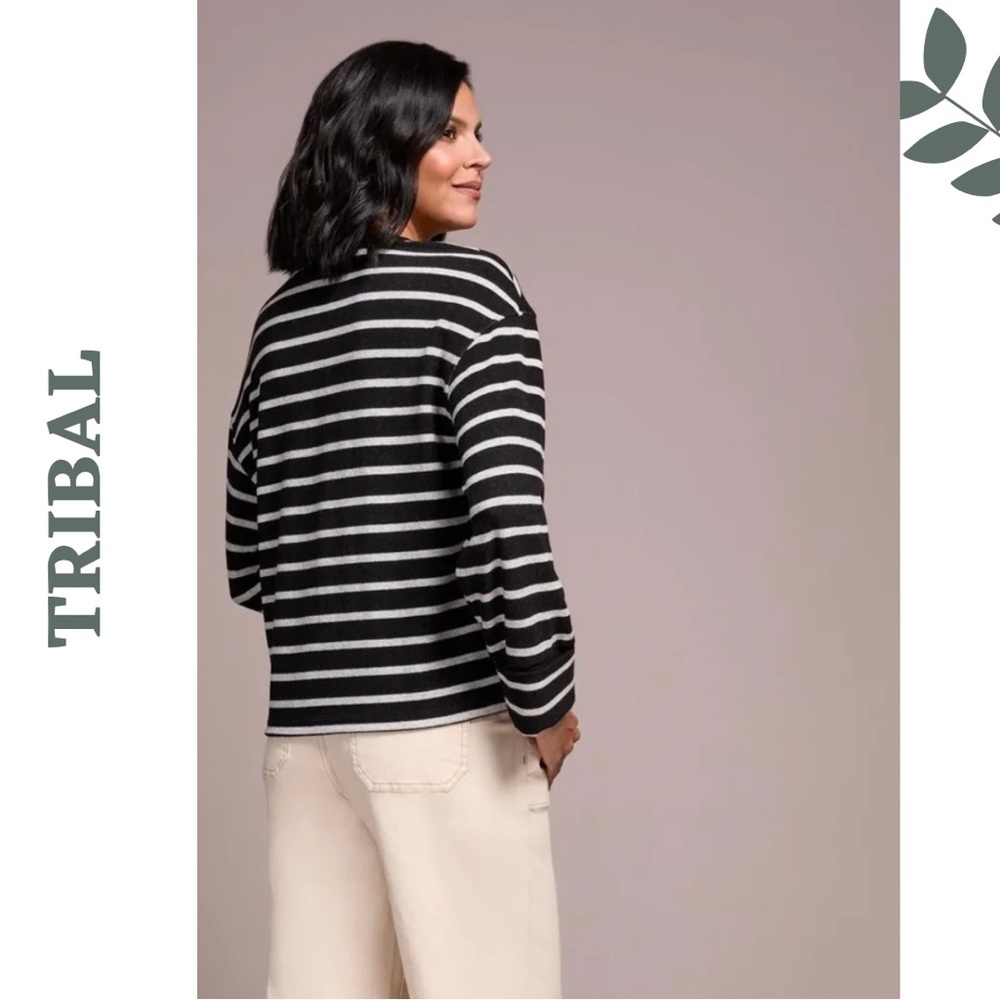 Tribal Black Cream Stripe Knit Top Medium NWT - Picture 3 of 8